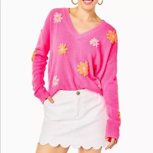 Lilly Pulitzer Pink Floral Daisy V-Neck Sweater